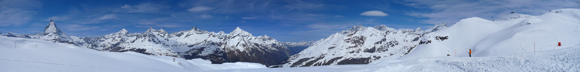 Matterhorn, Dent Blanche, Obergabelhorn, Zinalrothorn, Weisshorn, Dom, Alphubel, Allalinhorn, Rimpfischhorn, Hohtälli.