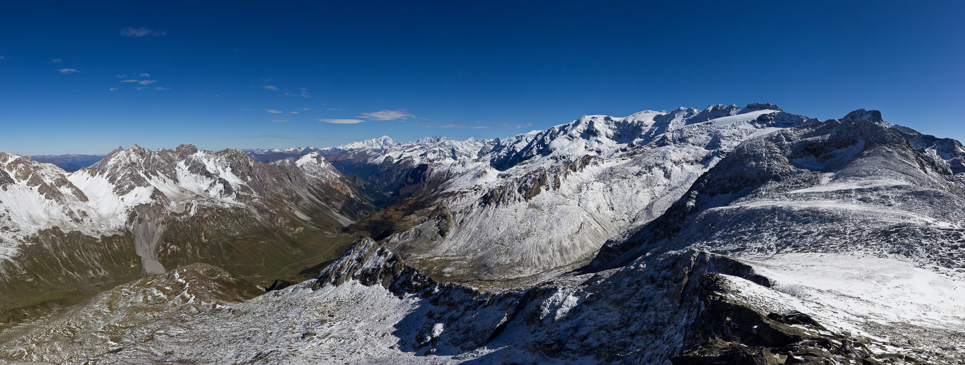 Blick Richtung Pralognan mit Mont Blanc und Dôme de l'Arpont.