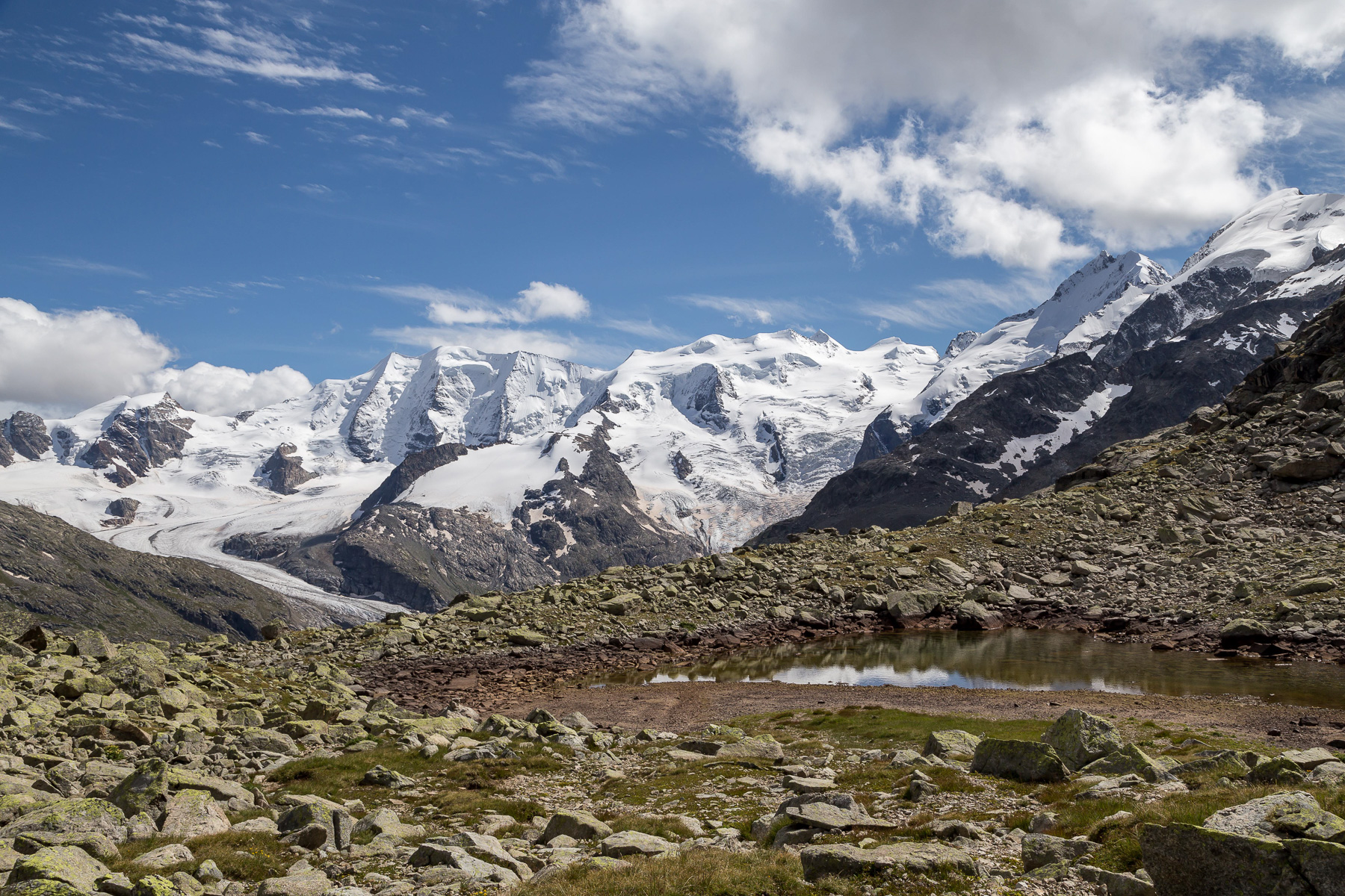 Piz Palü (3.900 m), Bellavista (3.922 m), Piz Bernina (4.049 m) mit Bianco-Grat und Piz Morteratsch (3.751 m)