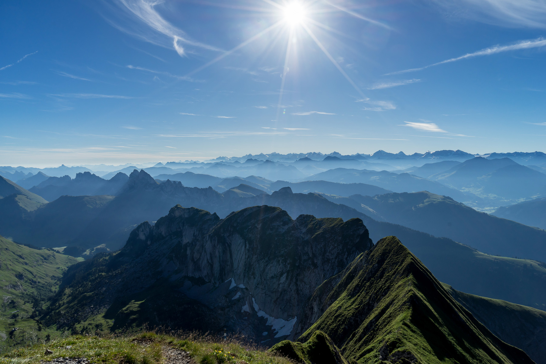 Lichtdurchfluteter Blick zu den Berner Alpen.