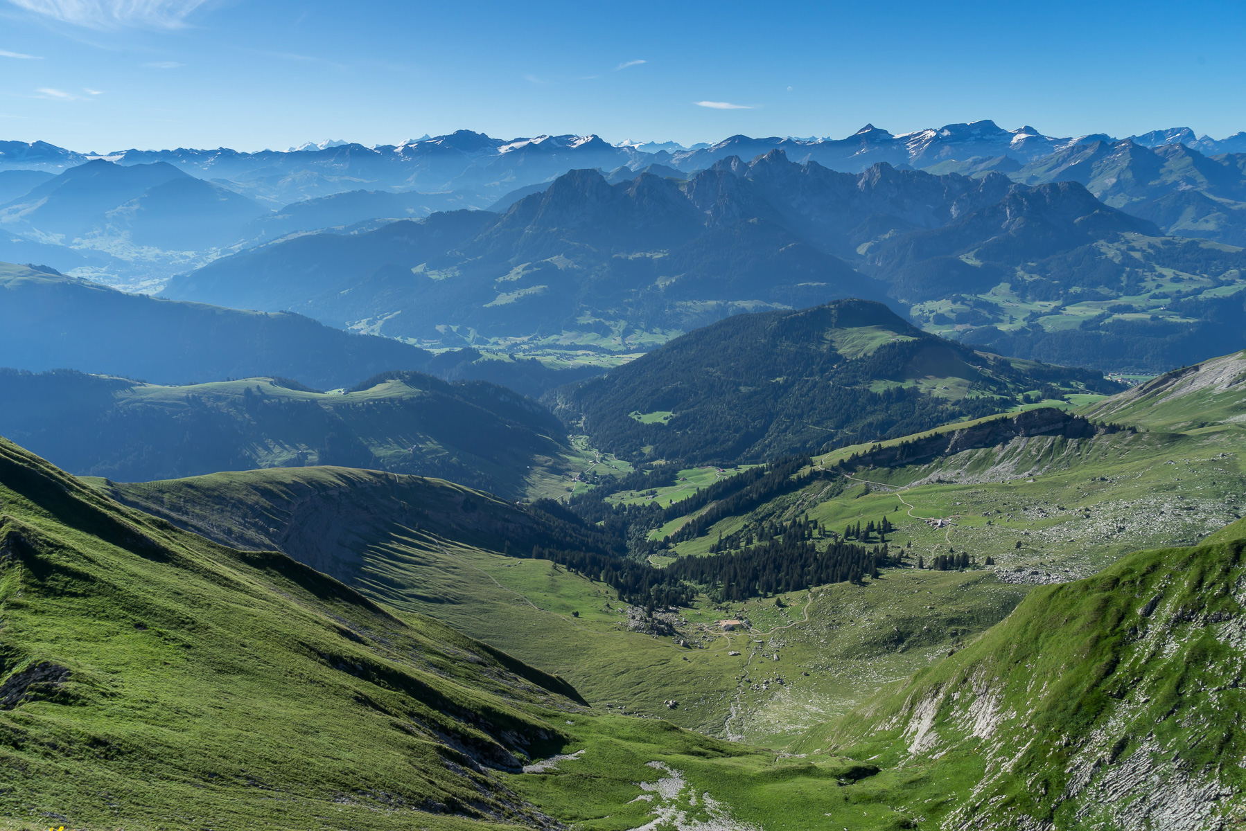 Blick über die Freiburger, Berner und Walliser Alpen.