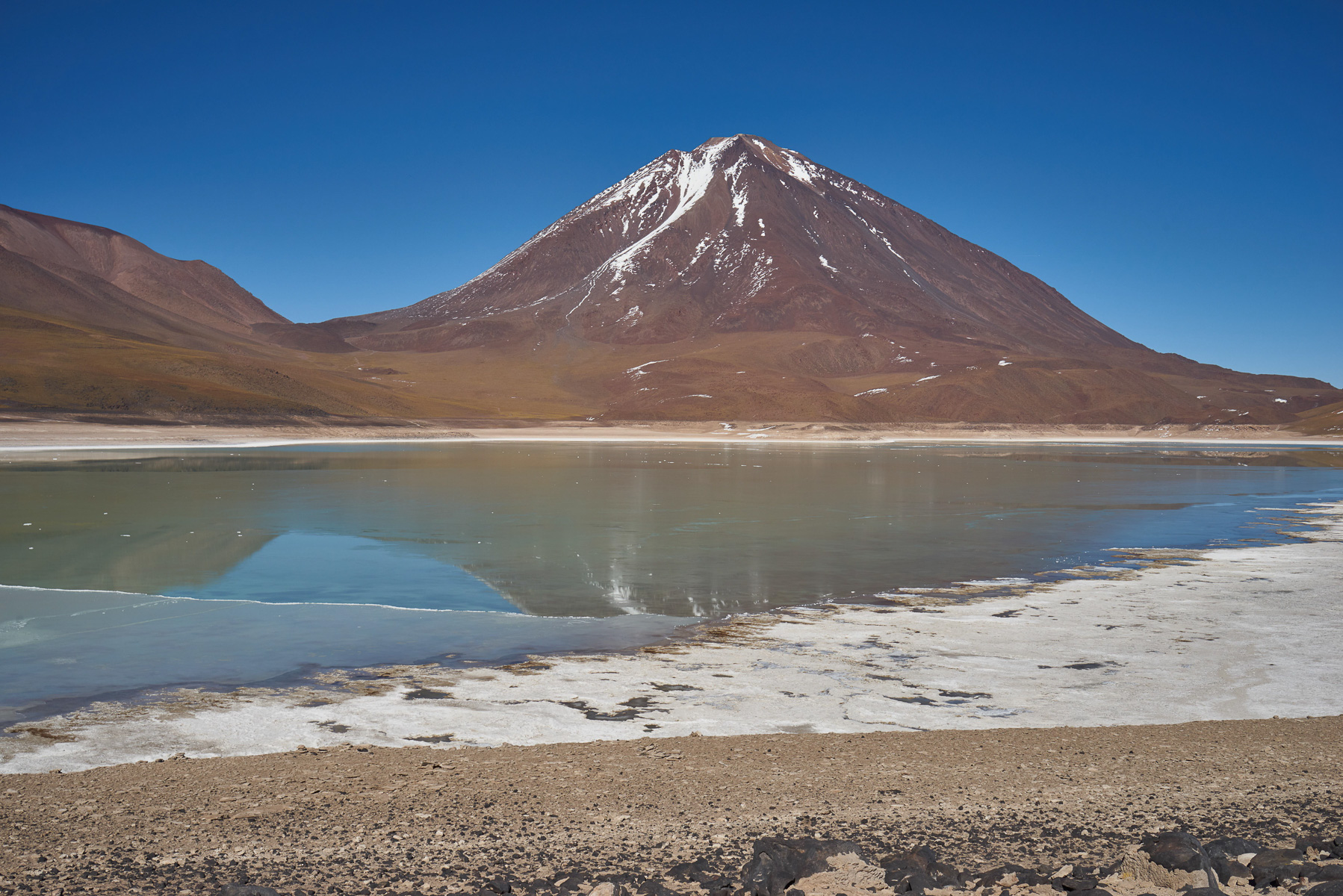 mit Blick auf den stattlichen Grenzvulkan (Chile): Licancabur (5.916 m).