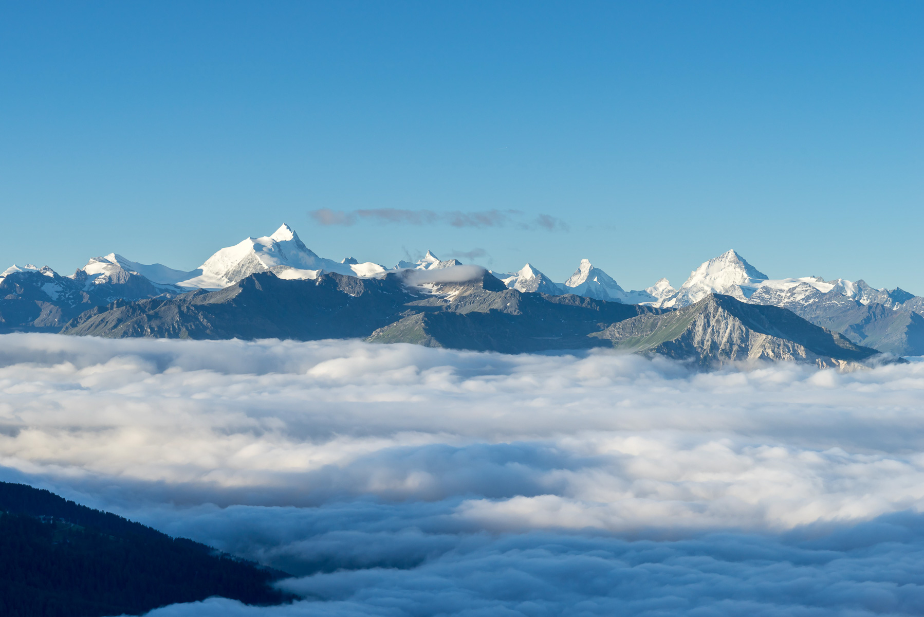 Blick in die Walliser Alpen mit Weisshorn, Zinalrothorn, Matterhorn und Dent Blanche.