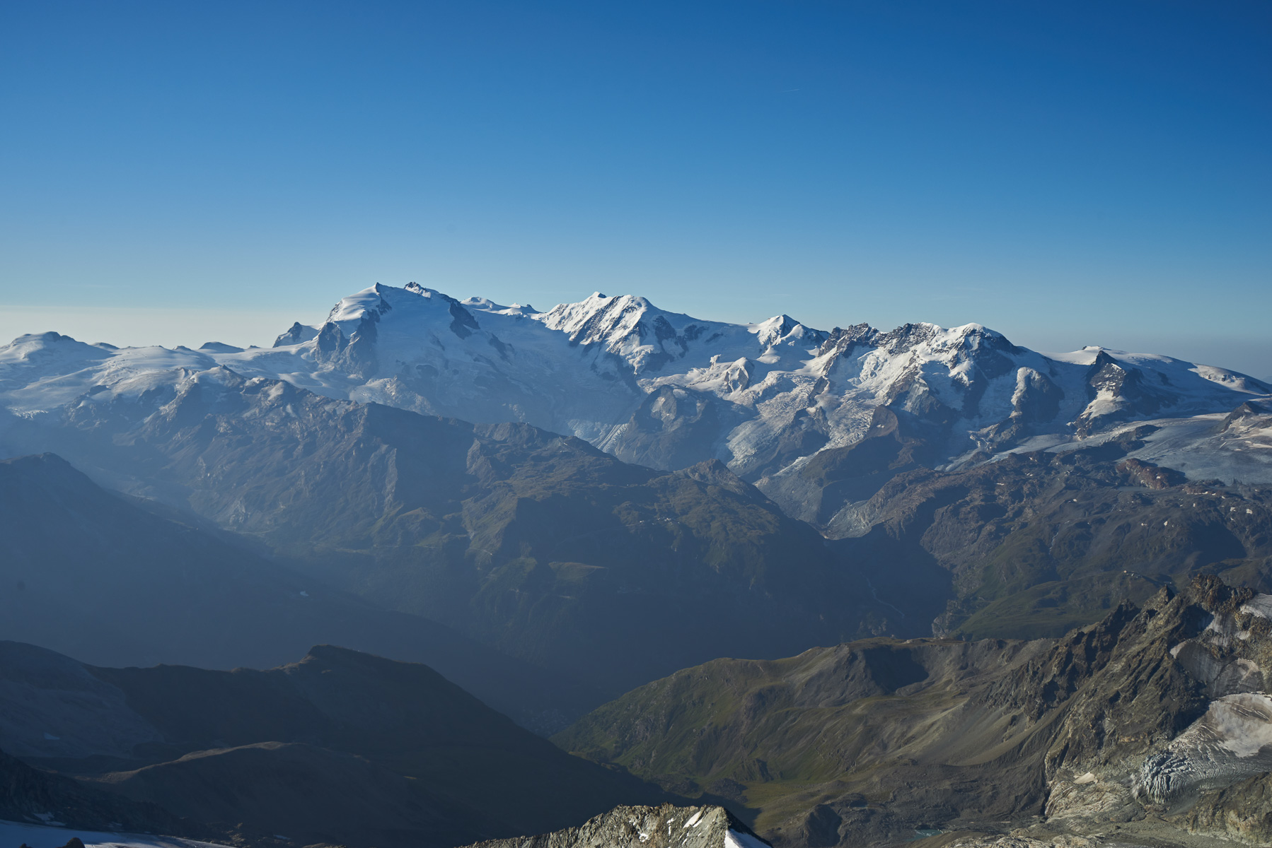 Blick zu Monte Rosa, Liskamm, Castor, Pollux und Breithorn.