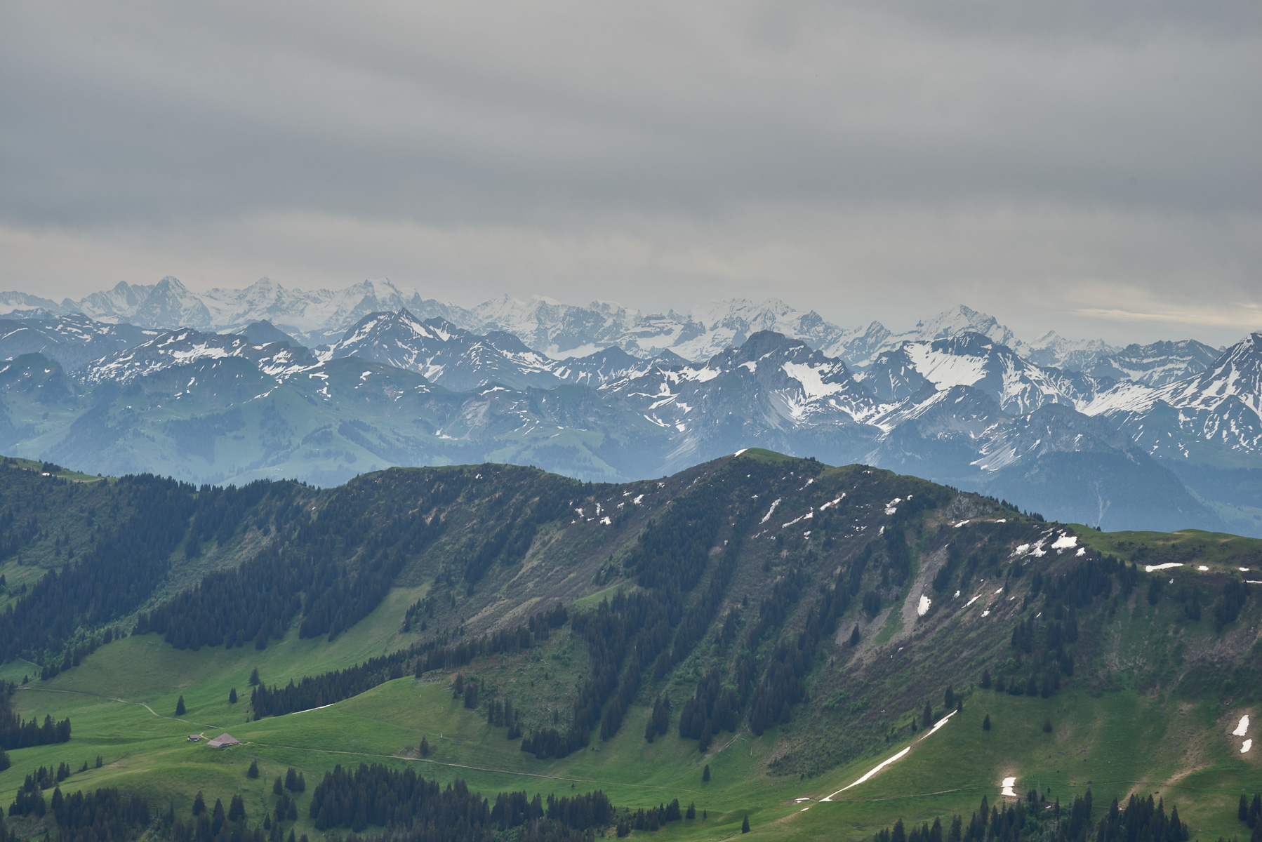 Berner Alpen mit Eiger, Mönch, Jungfrau, Blümlisalphorn und Doldenhorn.