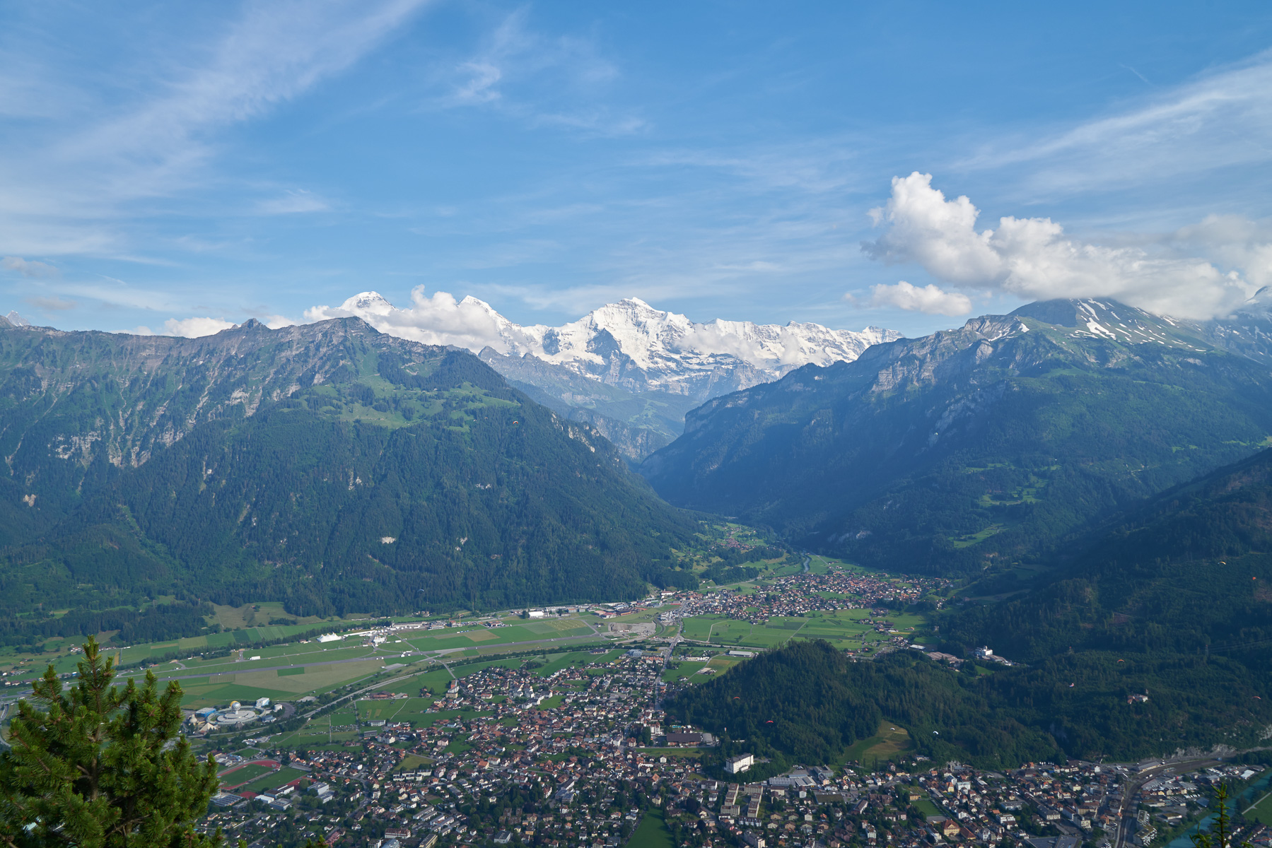 Blick über Interlaken und Wilderswil auf die Jungfrau.